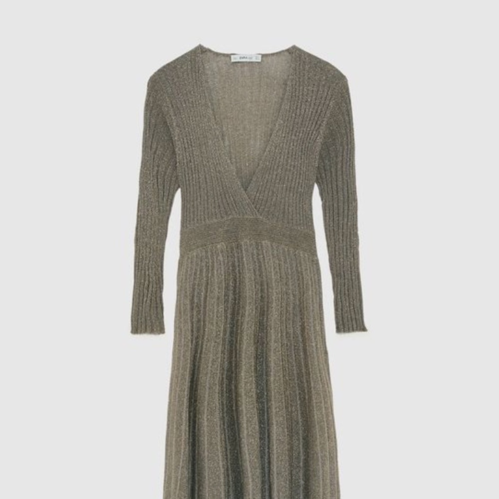 ZARA GOLD LONG SLEEVE KNIT MIDI DRESS